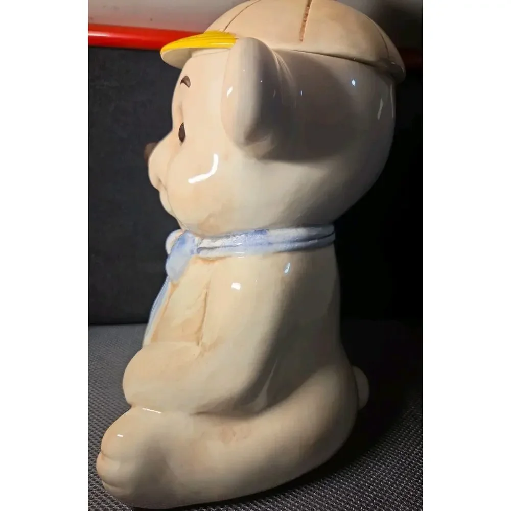 Vintage Treasure Craft Teddy Bear Cookie Jar Baseball Cap Blue Bowtie USA